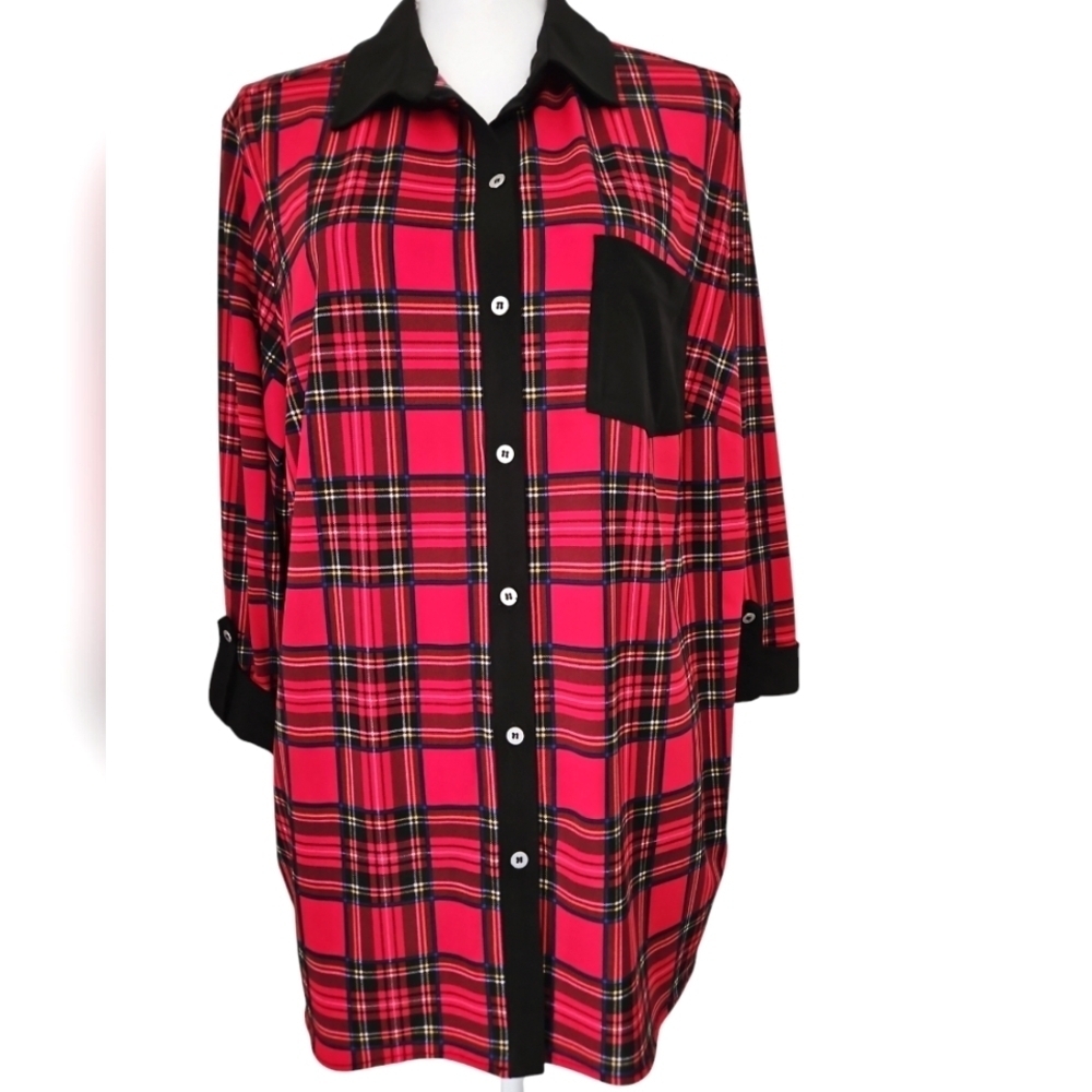 NYGARD PLAID BLOUSE WITH BLACK TRIM SZ 2X RED